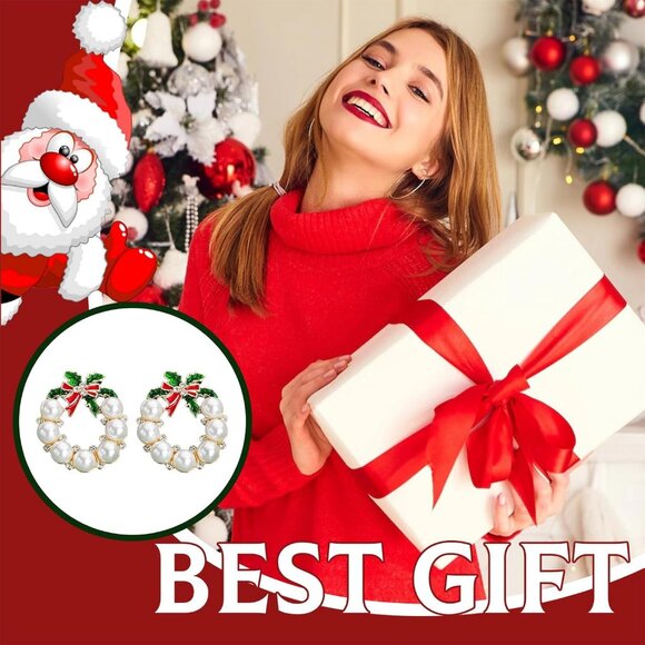 Christmas Rhinestone Pearl Bow Earrings Holiday Jewelry Gifts for Women - Picture 5 of 7